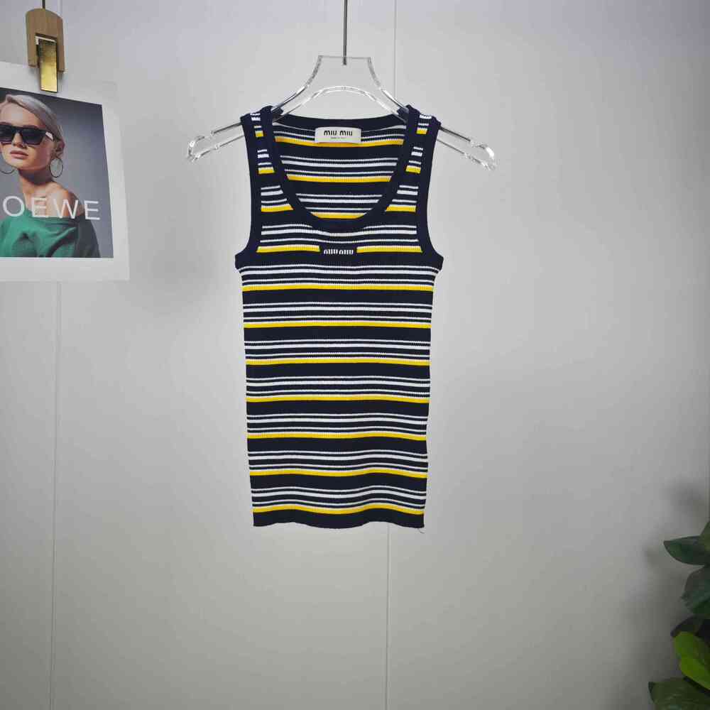 Miu Miu Navy Yellow Striped Ribbed Tank Top